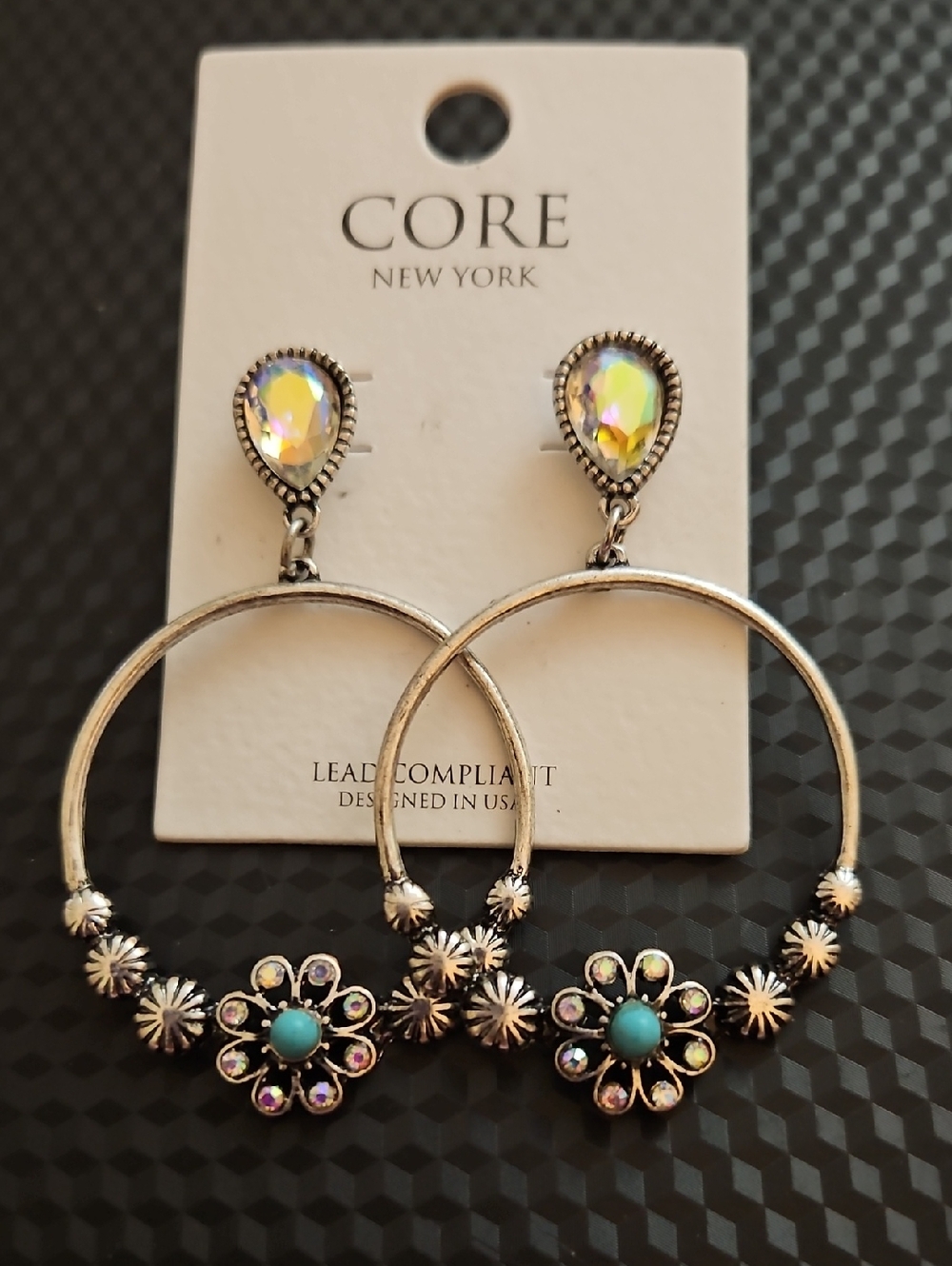 Iridescent Teardrop & Turquoise Hoop Dangle Earrings
